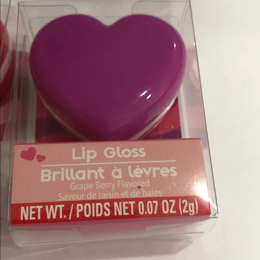 2pack Sweet Cherry and Grape Berry flavored red and purple heart shape lip gloss